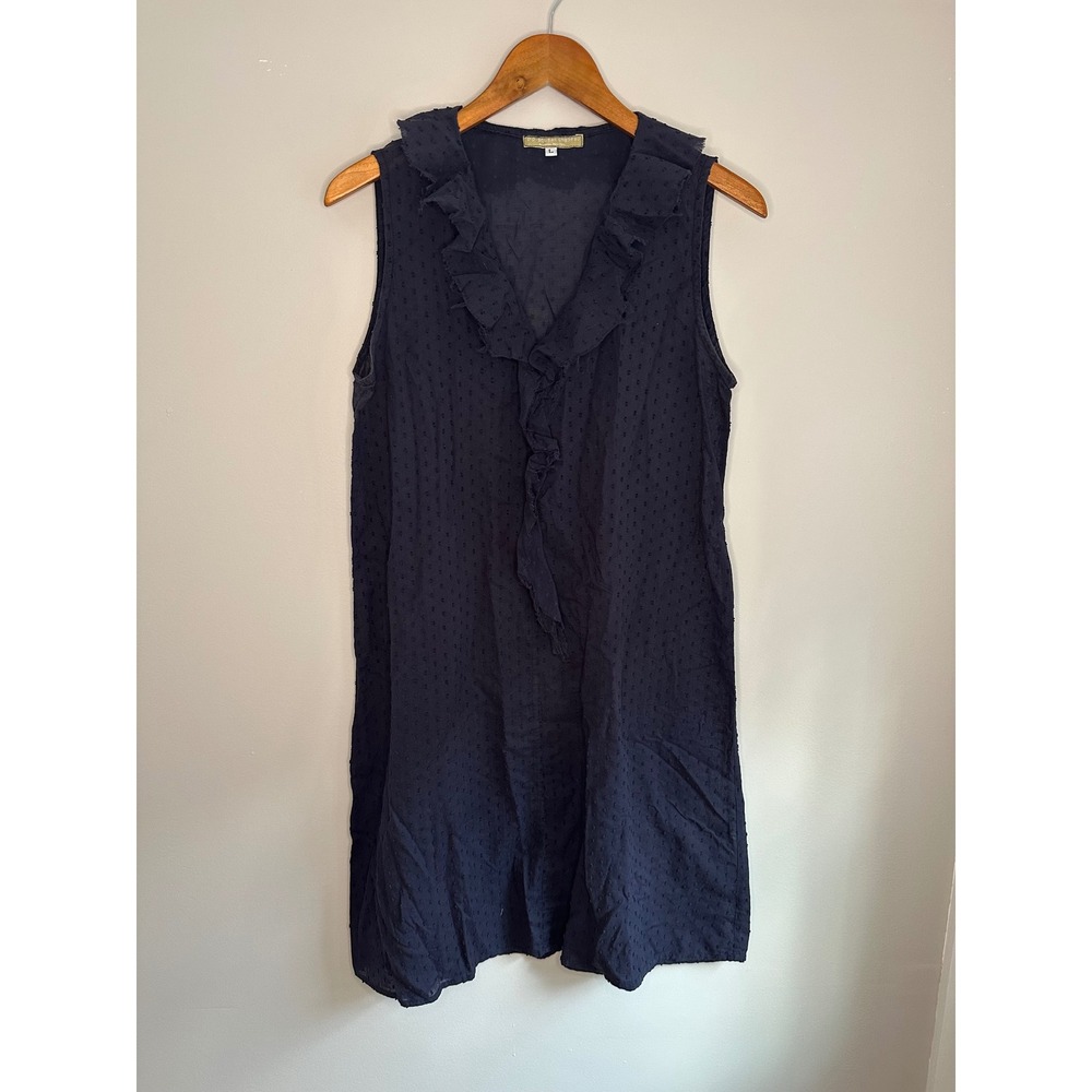 Pip-Squeak Chapeau Dress Women L Navy EUC Swiss Dot Ruffle Neck Cotton Tunic